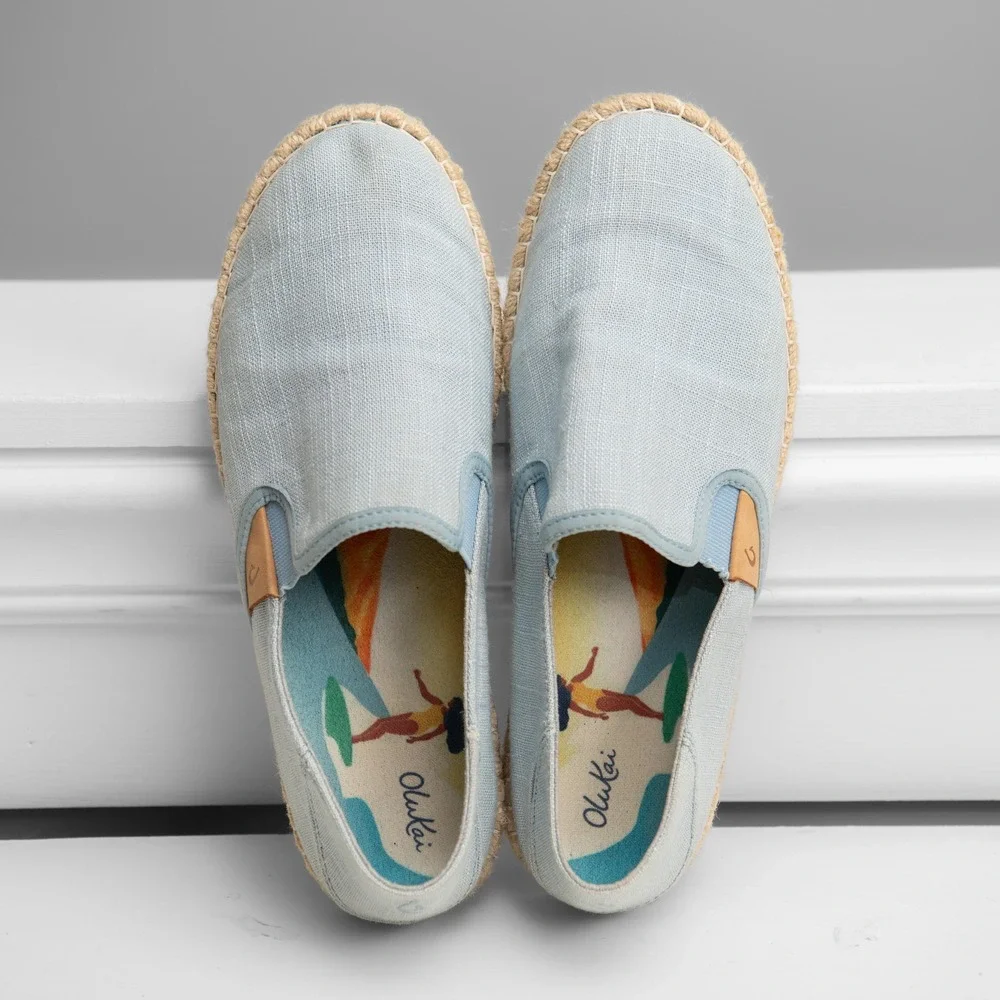 OluKai Pehuea Li Sz 9 Blue Linen Slip On Espadrille Flats Beachy Island Style
